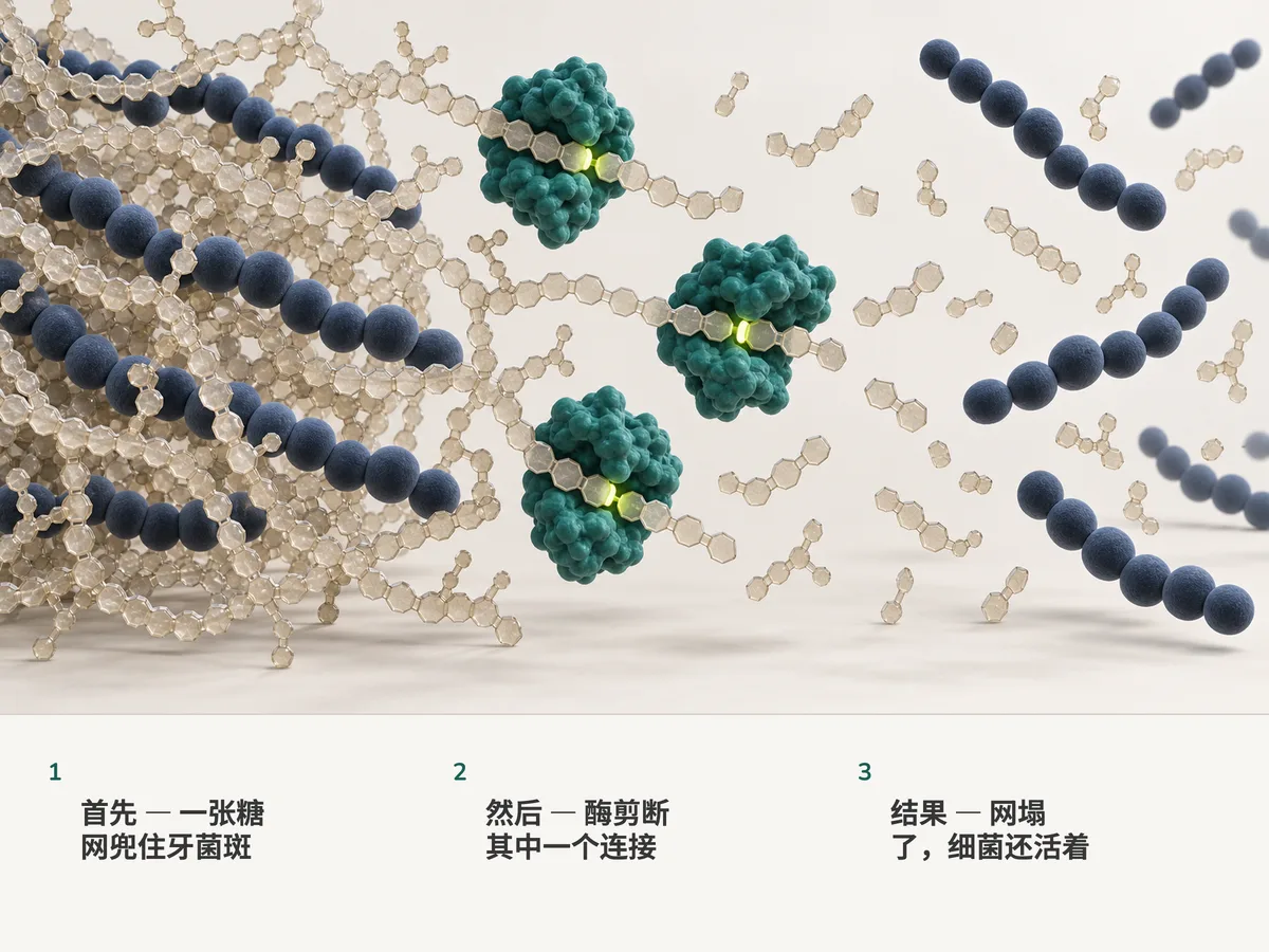 插图：一串串圆形细菌被糖链织成的网兜住；酶蛋白在青柠色的位置剪断糖链，被放开的细菌飘散开，仍然完好