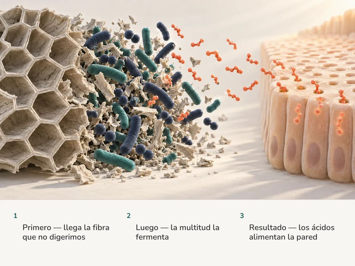 Ilustración: la fibra vegetal llega al colon, las bacterias la fermentan y moléculas coral de ácidos grasos de cadena corta pasan a las células de la mucosa del intestino