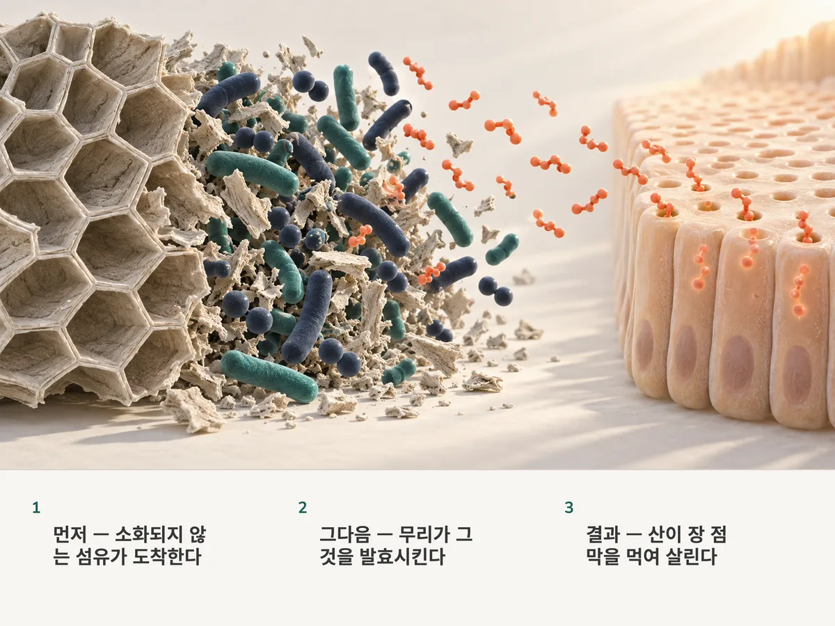 일러스트: 식물 섬유가 대장에 닿고, 세균이 그것을 발효시키며, 산호색 단쇄지방산 분자가 장 점막 세포 안으로 들어간다