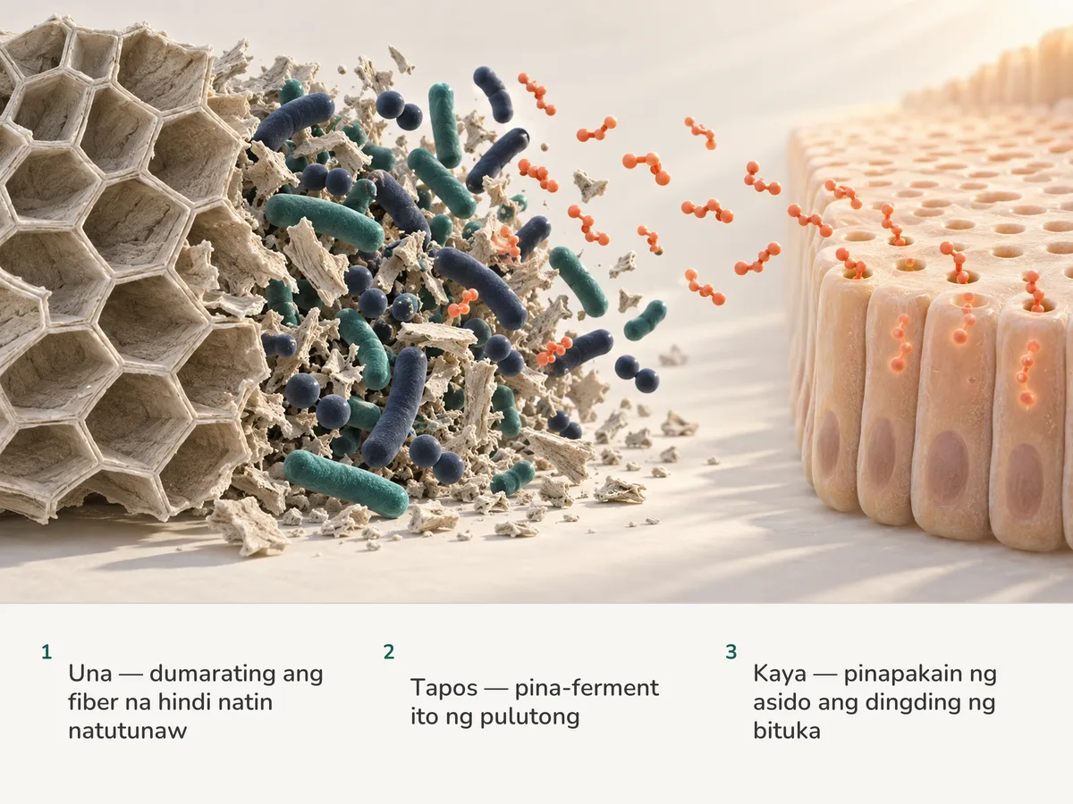Ilustrasyon: umaabot sa malaking bituka ang fiber ng halaman, pina-ferment ito ng bacteria, at pumapasok sa mga selula ng lining ng bituka ang korales na molekula ng short-chain fatty acids