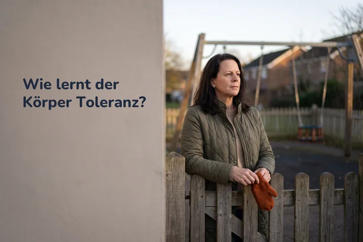 Wie lernt der Körper Toleranz? — eine Frau hält am leeren Spielplatztor im tiefen Licht des Nachmittags