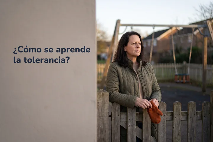 ¿Cómo se aprende la tolerancia? — una mujer se detiene ante la reja de un parque infantil vacío bajo el sol de la tarde