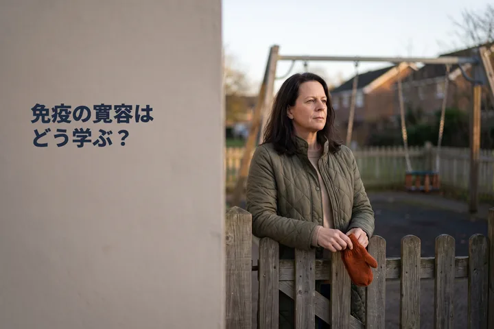 免疫の寛容はどう学ぶ? — 夕方の低い日差しの中、女性が誰もいない公園の門の前で足を止める