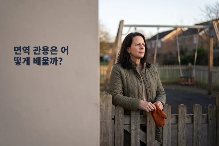 면역 관용은 어떻게 배울까? — 늦은 오후 낮은 햇살 속에서 여성이 텅 빈 놀이터 문 앞에 멈춰 선다