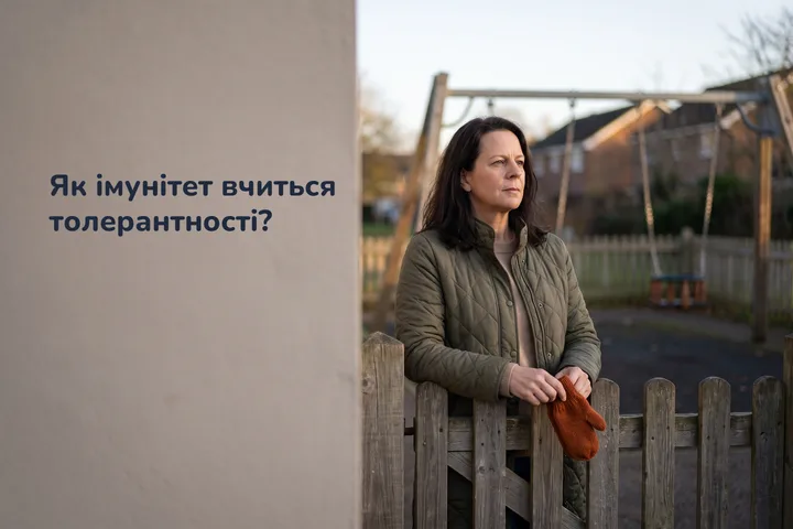 Як імунітет вчиться толерантності? — жінка спиняється біля хвіртки порожнього майданчика в низькому світлі надвечір