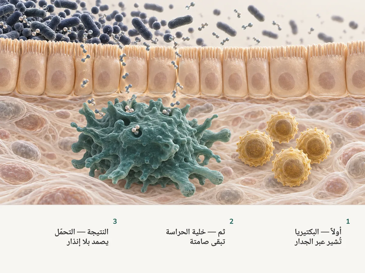 رسم توضيحي: بكتيريا فوق بطانة الأمعاء التي سماكتها خلية واحدة تطلق جزيئات صغيرة؛ وبلعم كبير تحتها يلتقطها ويبقى هادئاً بجوار خلايا تائية تنظيمية ذهبية
