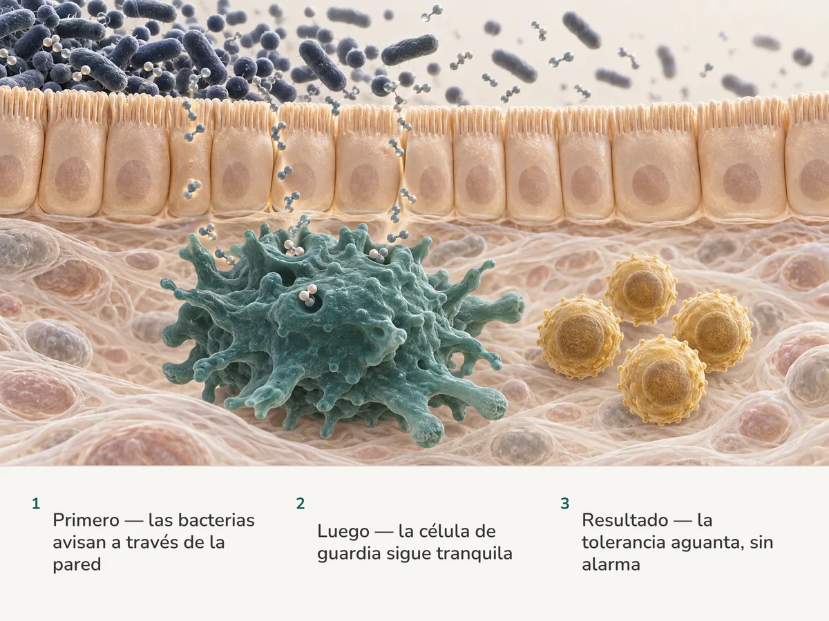 Ilustración: las bacterias sobre la mucosa del intestino, de una sola célula de grosor, sueltan moléculas pequeñas; debajo, un macrófago las recoge y sigue en calma junto a linfocitos T reguladores dorados