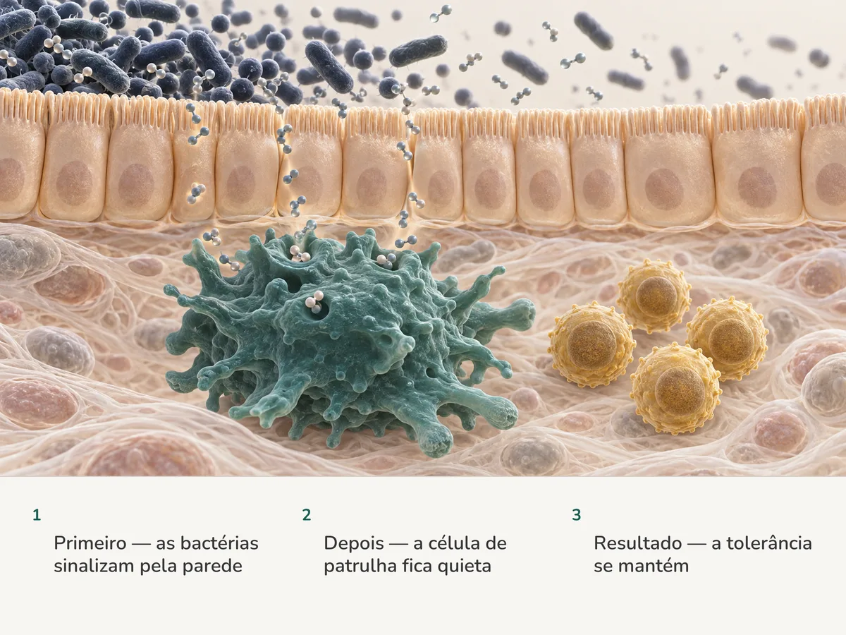 Ilustração: bactérias acima da mucosa do intestino, com a espessura de uma célula, soltam moléculas pequenas; abaixo, um macrófago as recolhe e fica calmo ao lado de células T reguladoras douradas