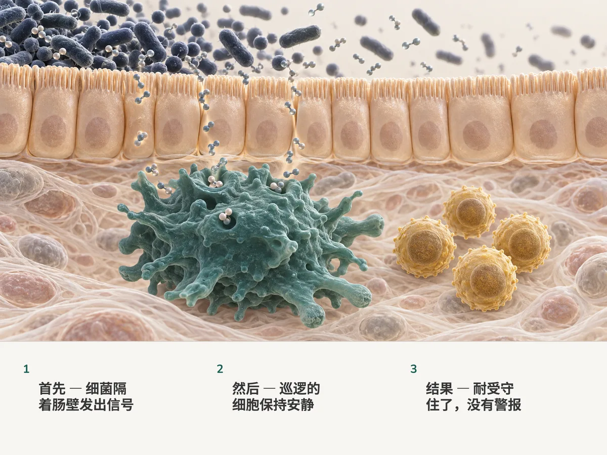插图：只有一层细胞厚的肠黏膜之上，细菌释放出小分子；下方的巨噬细胞把它们吞进去，安静地待在金色的调节性 T 细胞旁边