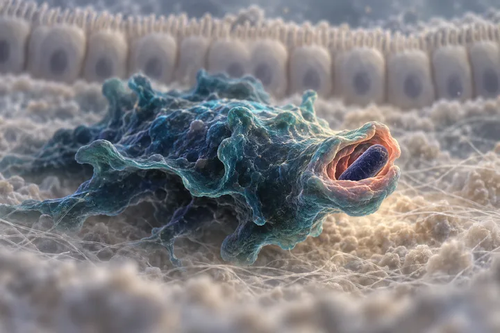 Illustration: ein Makrophage unter der Darmschleimhaut legt einen korallenroten Arm um ein stäbchenförmiges Bakterium, in einem warmen Lichtfleck