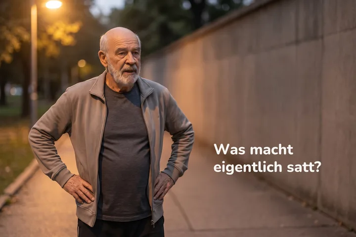 Was macht eigentlich satt? — ein Mann bleibt in der Dämmerung am Parkrand stehen, um zu verschnaufen