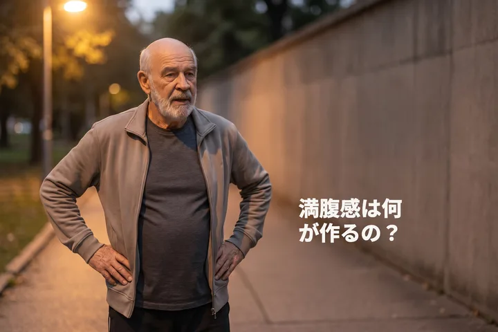 満腹感は何が作るの？ — 夕暮れ、男性が公園のはずれで足を止めて息を整える