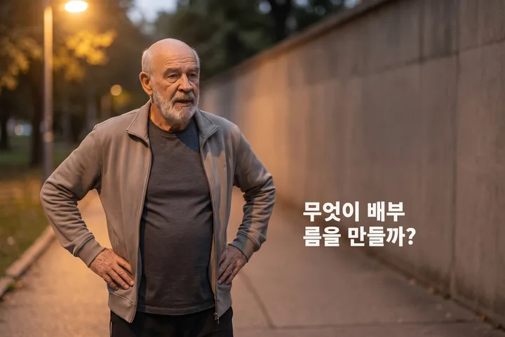 무엇이 배부름을 만들까? — 해 질 무렵 한 남성이 공원 가장자리에 멈춰 숨을 고른다