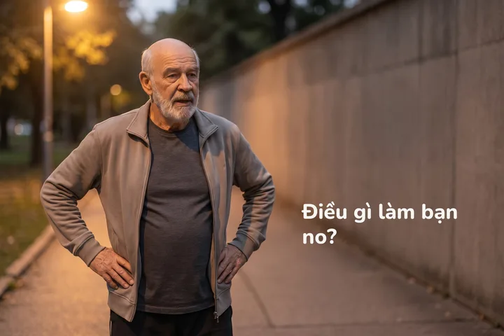 Điều gì làm bạn no? — một người đàn ông dừng lại ở rìa công viên lúc chạng vạng để lấy lại hơi