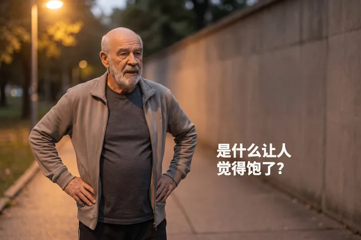 是什么让人觉得饱了？ — 黄昏时分，一位男性在公园边缘停下来喘口气