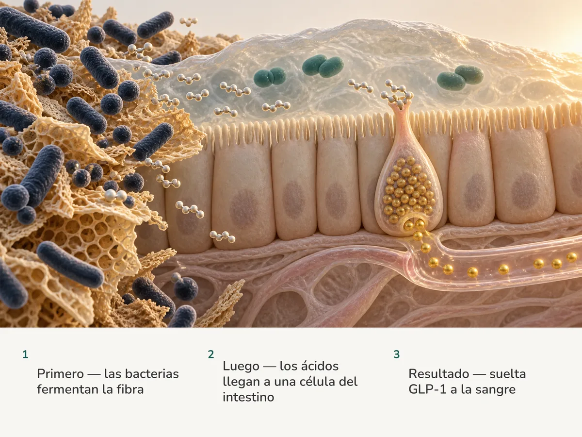 Ilustración: las bacterias fermentan la fibra en moléculas de ácidos grasos que se acoplan a una célula hormonal de la mucosa del intestino; esta suelta gránulos dorados de GLP-1 a un vaso pequeño