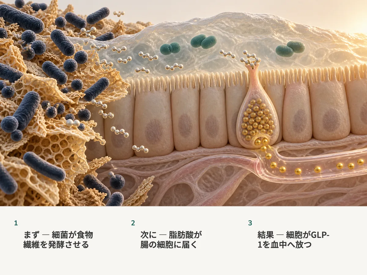イラスト:細菌が食物繊維を発酵させて脂肪酸の分子に変え、それが腸粘膜のホルモン細胞に結合し、細胞は金色のGLP-1の顆粒を細い血管へ放つ