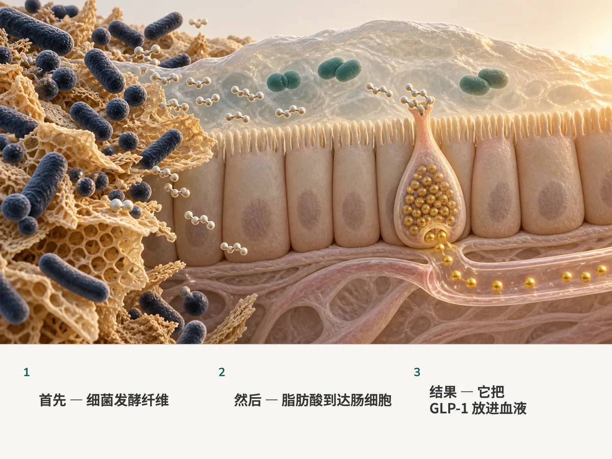 插图：细菌把纤维发酵成脂肪酸分子，分子停靠在肠黏膜的激素细胞上；细胞把金色的 GLP-1 颗粒释放进一根小血管