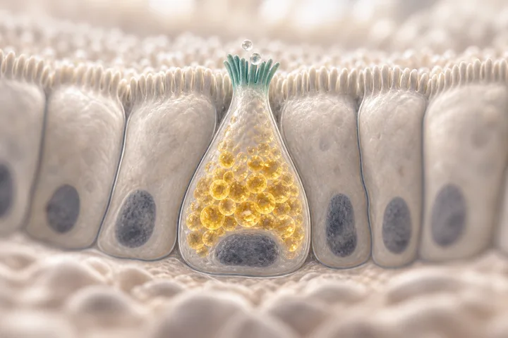Illustration: eine kolbenförmige Hormonzelle der Darmschleimhaut trägt leuchtend goldene GLP-1-Körnchen, während Fettsäuremoleküle auf ihrer Spitze landen