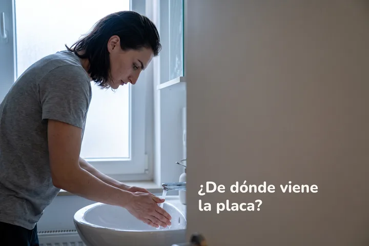 ¿De dónde viene la placa? — una mujer se inclina sobre el lavabo en la luz fría del amanecer, recién enjuagada