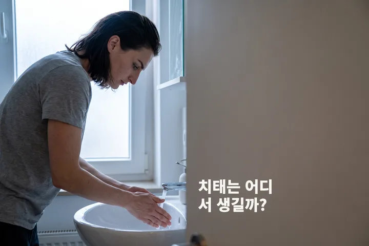 치태는 어디서 생길까? — 서늘한 새벽빛 속에서 여성이 막 입을 헹구고 세면대 위로 몸을 숙인다