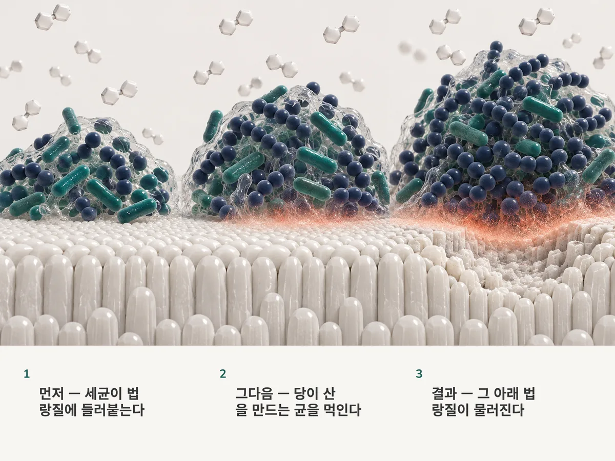 일러스트: 치아 법랑질 위 치태 더미에 당이 계속 닿고, 산을 만드는 둥근 세균이 우세해지며, 산호색 산의 아지랑이가 그 아래 법랑질을 무르게 한다