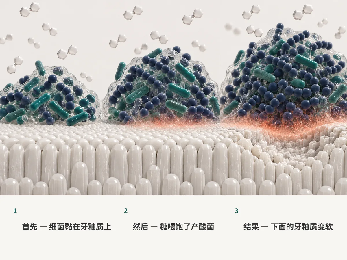 插图:糖不断抵达牙釉质上的菌斑小丘,产酸的圆形细菌占了上风,珊瑚色的酸雾把下面的牙釉质泡软