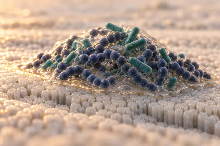 Ilustración: un montículo joven de bacterias redondas en cadenas cortas sobre el esmalte del diente, envuelto en un gel de azúcar brillante con el borde dorado
