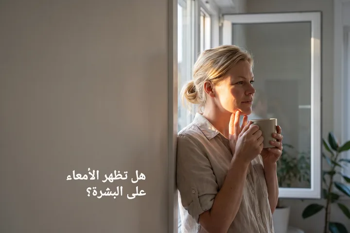 هل تظهر الأمعاء على البشرة؟ — امرأة عند نافذة مشمسة في الصباح وأطراف أصابعها عند فكها