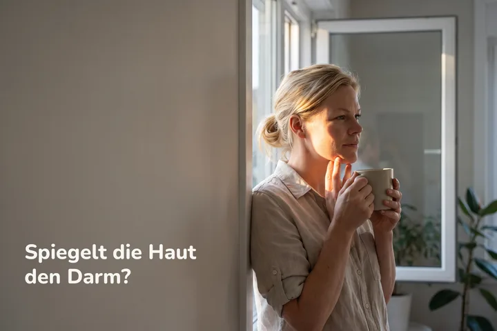 Spiegelt die Haut den Darm? — eine Frau morgens am sonnigen Fenster, die Fingerkuppen am Kiefer