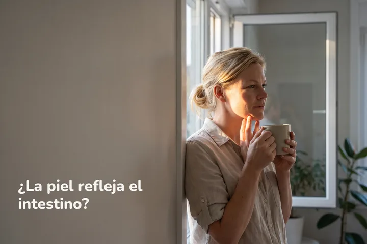 ¿La piel refleja el intestino? — una mujer junto a la ventana soleada por la mañana, las yemas en la mandíbula