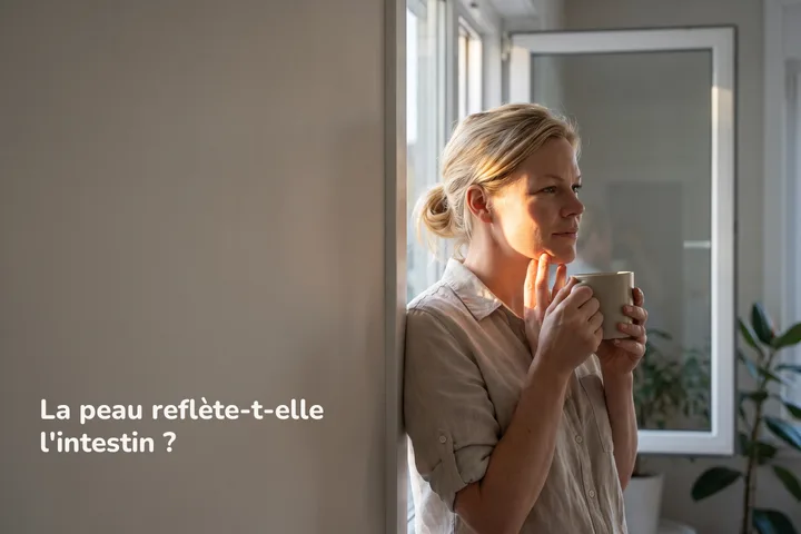 La peau reflète-t-elle l'intestin ? — une femme à une fenêtre ensoleillée le matin, les doigts posés sur la mâchoire
