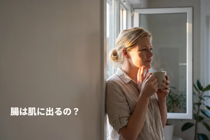 腸は肌に出るの？ — 朝、日の差す窓辺で女性が指先をあごに添えている