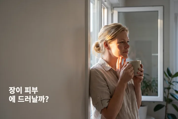 장이 피부에 드러날까? — 아침 햇살이 드는 창가에서 여성이 손끝을 턱에 가볍게 얹고 있다