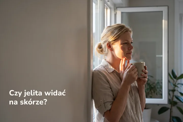 Czy jelita widać na skórze? — kobieta przy nasłonecznionym oknie rano, opuszki palców na żuchwie
