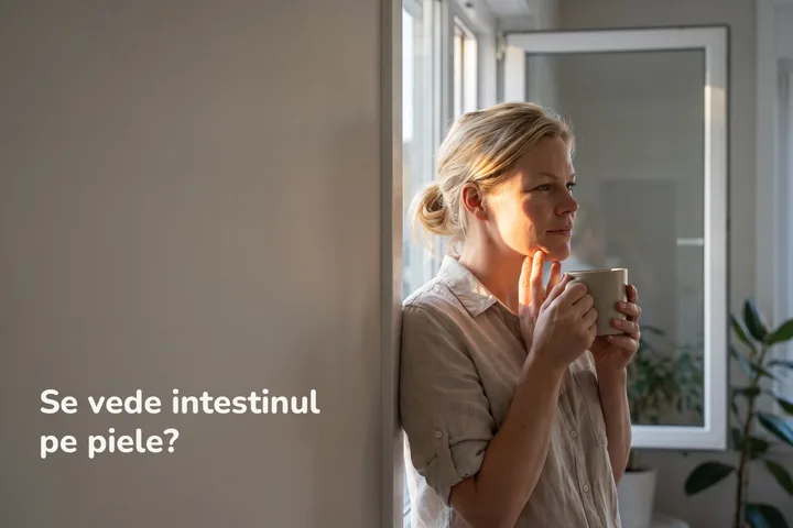 Se vede intestinul pe piele? — o femeie la o fereastră însorită, dimineața, cu vârfurile degetelor la maxilar