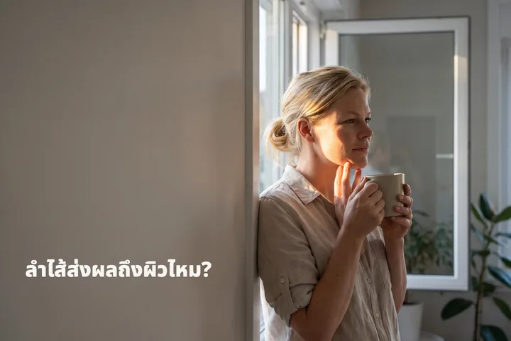 ลำไส้ส่งผลถึงผิวไหม? — ผู้หญิงอยู่ริมหน้าต่างที่มีแดดยามเช้า ปลายนิ้วแตะที่กราม
