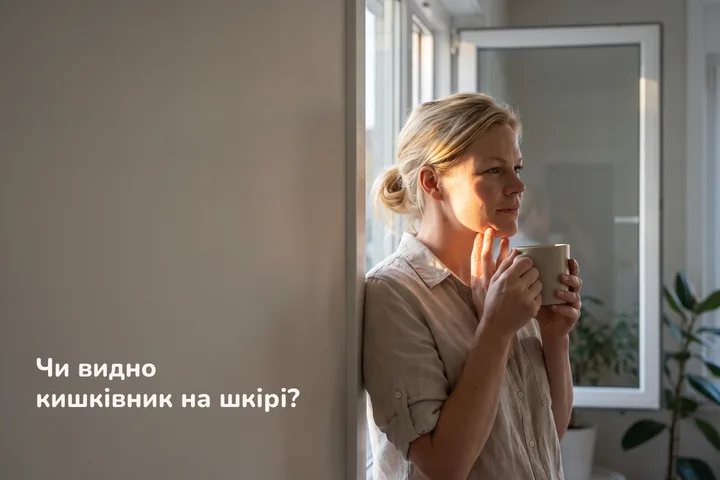 Чи видно кишківник на шкірі? — жінка вранці біля сонячного вікна, кінчики пальців лежать на щелепі