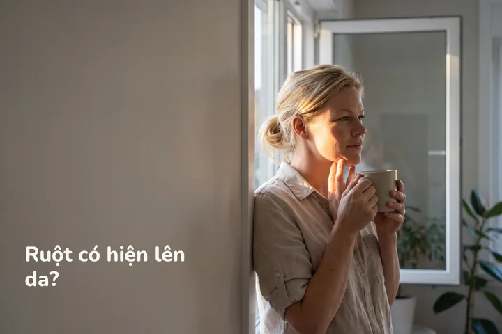 Ruột có hiện lên da? — một phụ nữ bên cửa sổ đầy nắng buổi sáng, các đầu ngón tay đặt hờ nơi quai hàm