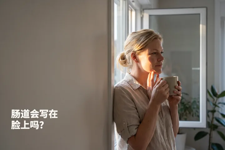 肠道会写在脸上吗? — 早晨,一位女性站在洒满阳光的窗边,指尖轻搭在下颌