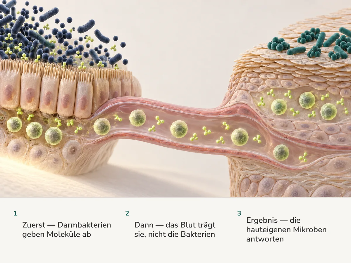 Illustration: Darmbakterien bleiben, wo sie sind, während limettengrüne Moleküle und Abwehrzellen aus der Darmschleimhaut mit dem Blut zur Hautoberfläche und ihren eigenen Mikroben reisen