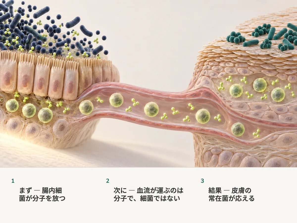 イラスト:腸内細菌はその場にとどまり、腸粘膜から出たライム色の分子と免疫細胞が血流に乗って皮膚の表面とそこにすむ細菌のもとへ向かう