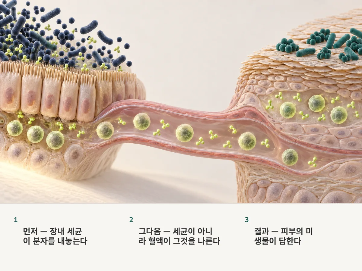 일러스트: 장내 세균은 제자리에 머물고, 장 점막에서 나온 라임색 분자와 면역세포가 혈류를 타고 피부 표면과 그곳의 미생물에게 닿는다