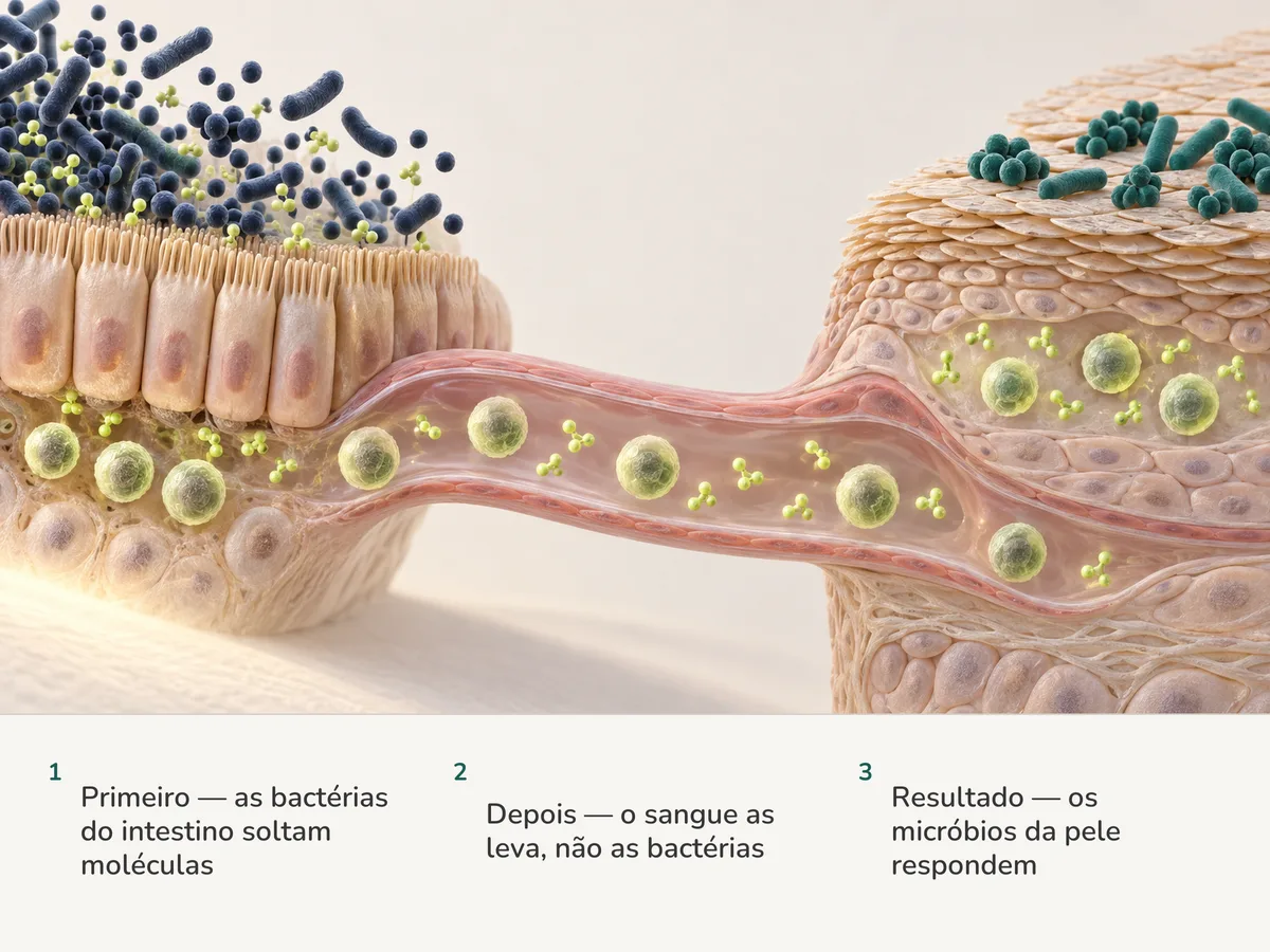 Ilustração: as bactérias do intestino ficam onde estão enquanto moléculas verde-limão e células de defesa da mucosa viajam pelo sangue até a superfície da pele e os micróbios dela