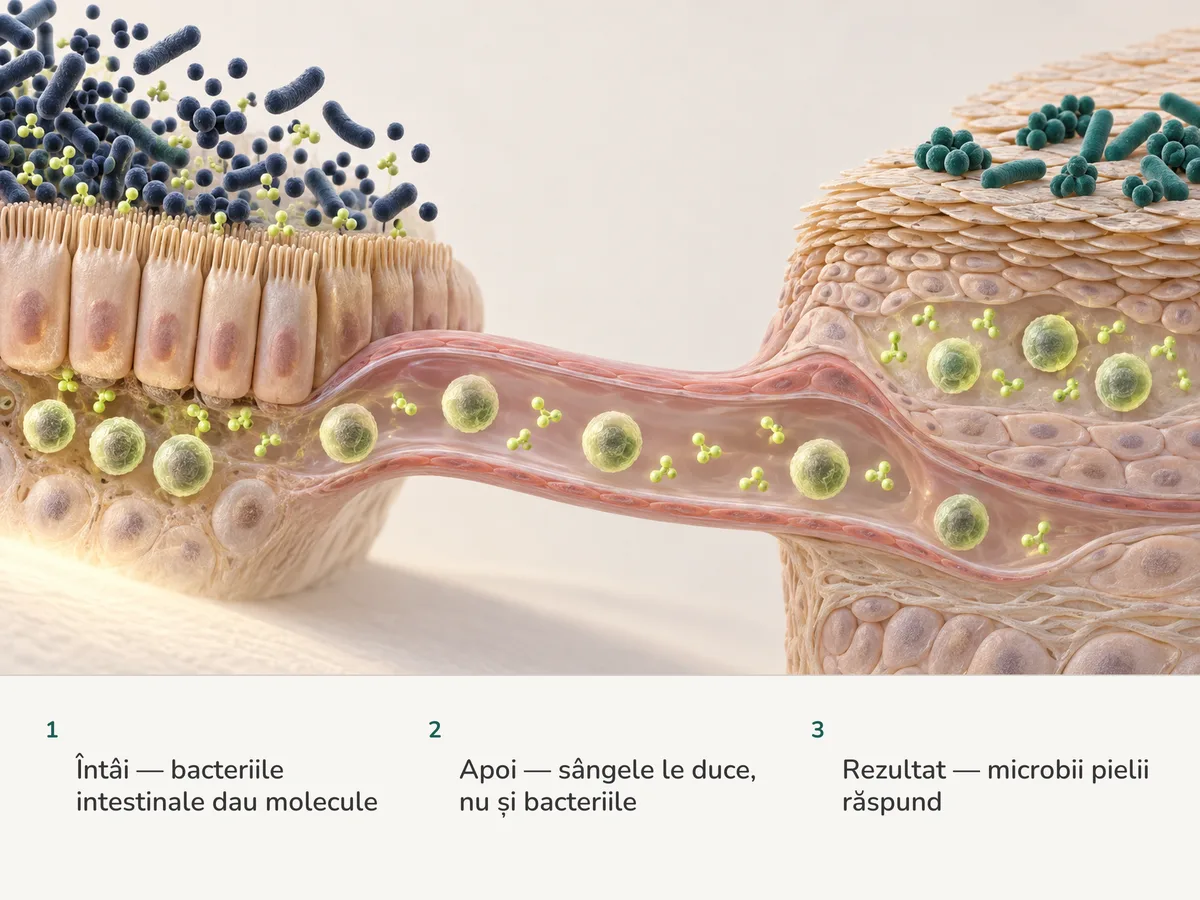 Ilustrație: bacteriile intestinale rămân pe loc, în timp ce molecule verzi-lămâie și celule imunitare din mucoasa intestinului călătoresc prin sânge până la suprafața pielii și la microbii ei