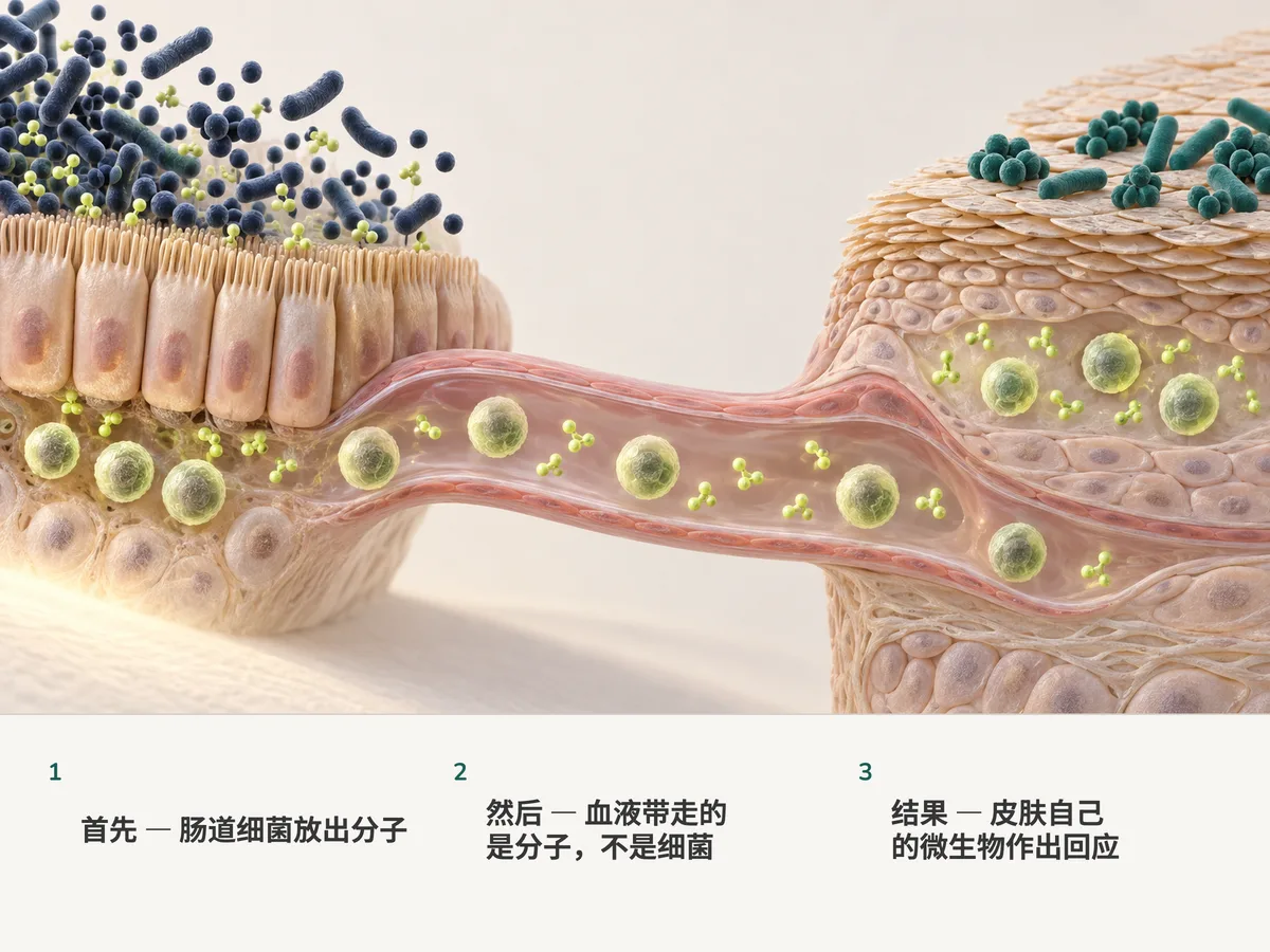 插图:肠道细菌留在原处,青柠色的分子和来自肠黏膜的免疫细胞随血流抵达皮肤表面和那里的微生物