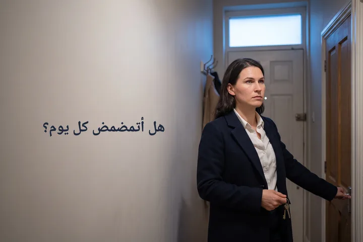 هل أتمضمض كل يوم؟ — امرأة تتوقف في ردهة بيتها ومعطفها نصف مرتدى بُعيد الثامنة