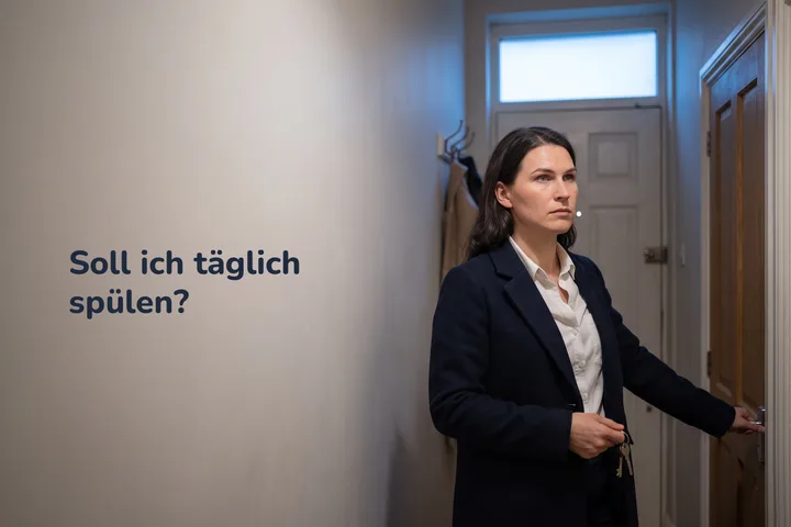 Soll ich täglich spülen? — eine Frau hält im Flur inne, den Mantel halb an, kurz nach acht