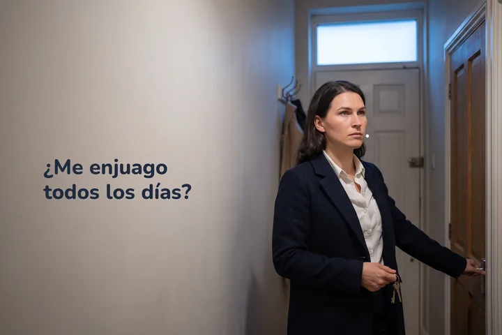 ¿Me enjuago todos los días? — una mujer se detiene en el pasillo, con el abrigo a medio poner, pasadas las ocho