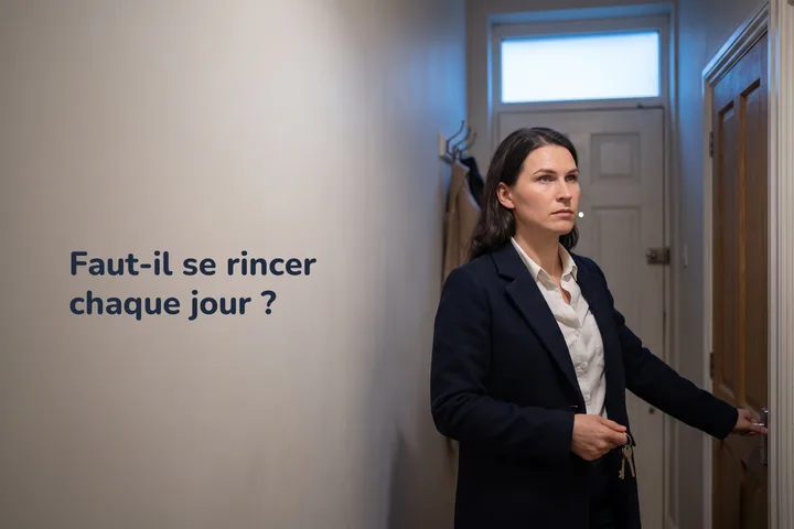 Faut-il se rincer chaque jour ? — une femme s'arrête dans son entrée, manteau à moitié enfilé, peu après huit heures